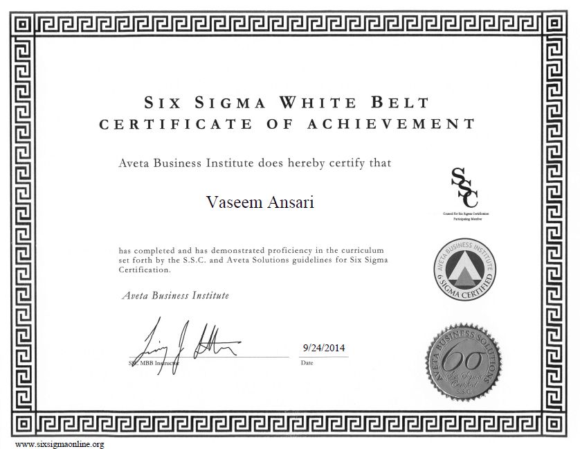 Six Sigma White Belt Certification of Vaseem Ansari